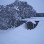 Merrijig lodge entrance area buried in snow